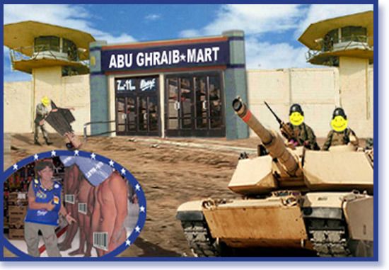 Pic: "Abu Ghraib*Mart" - "America exports Freedom and Liberty the Wal-Mart way." - Graphic, © Angela Tyler-Rockstroh 2004. All rights reserved. (Please, do not steal.) - size 46kb
